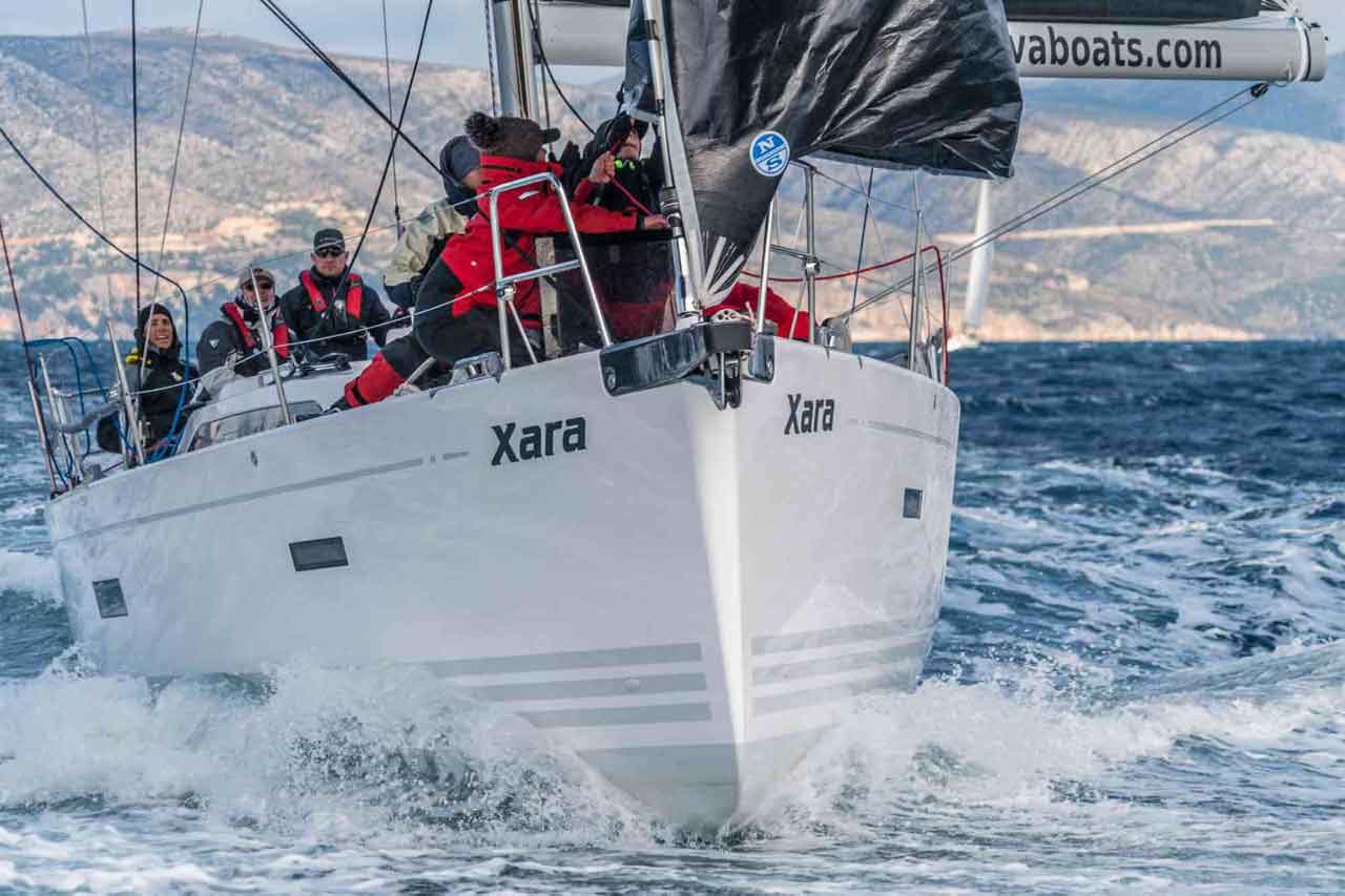 Xara, our X-Yacht X4³, sailing with her crew aboard
